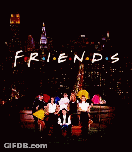 A Group Of Friends Holding Umbrellas In Front Of A City Skyline GIF