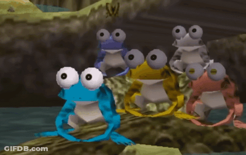 A Group Of Frogs Are Dancing In A Video Game With A Butterfly In The Background GIF