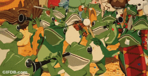 A Group Of Frogs Are Playing Musical Instruments In A Cartoon GIF