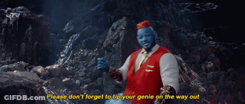 A Group Of Genies Are Standing Next To Each Other With The Words " Please Don T Forget To Tip Your Genie On The Way Out GIF