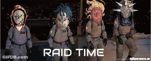 A Group Of Ghostbusters Are Standing Next To Each Other With The Words Raid Time Written On The Bottom GIF