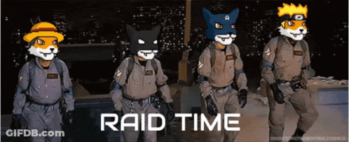 A Group Of Ghostbusters Standing Next To Each Other With Raid Time Written In White GIF