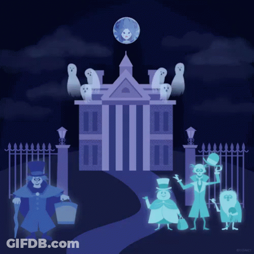 A Group Of Ghosts Are Standing In Front Of A House GIF