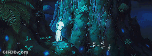 A Group Of Ghosts Standing Next To A Tree In A Forest . GIF