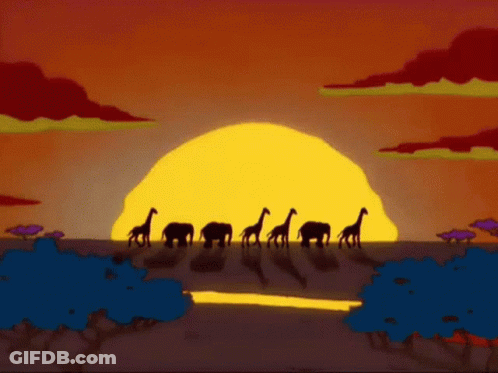 A Group Of Giraffes And Elephants Are Walking In Front Of A Large Sun GIF