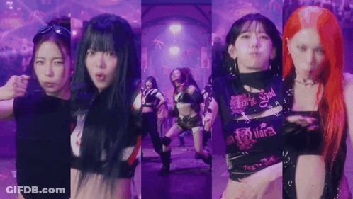 A Group Of Girls Are Dancing In A Room With Purple Lights GIF