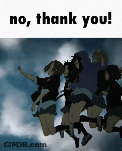 A Group Of Girls Are Jumping In The Air With The Words " No Thank You " Below Them GIF