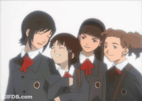 A Group Of Girls Are Posing For A Picture And One Of Them Has An X On Her Hair GIF