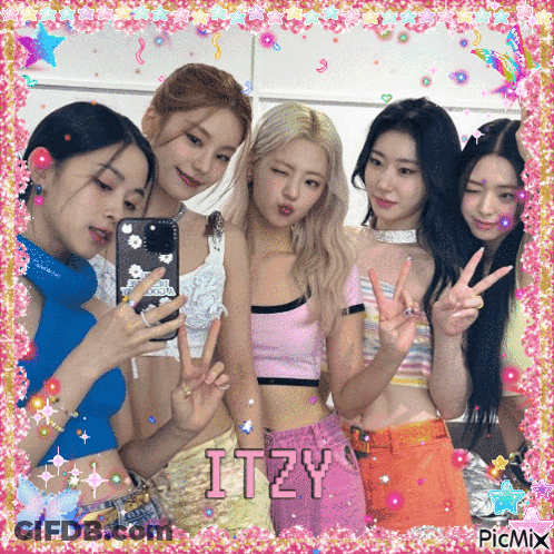A Group Of Girls Are Posing For A Picture And The Word Itzy Is On The Bottom Of The Picture GIF