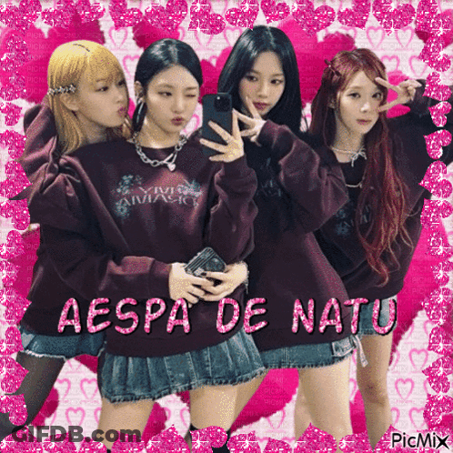 A Group Of Girls Are Posing For A Picture With The Name Aespa De Natu Written On The Bottom GIF