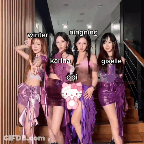 A Group Of Girls Are Posing For A Picture With The Names Winter Ningning Karina And Giselle Written Above Them GIF