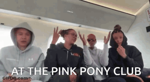 A Group Of Girls Are Sitting On A Plane With The Words " At The Pink Pony Club " Written Above Them GIF