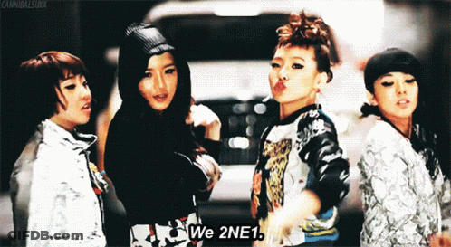 A Group Of Girls Are Standing Next To Each Other And One Of Them Says " We 2Ne1 " GIF
