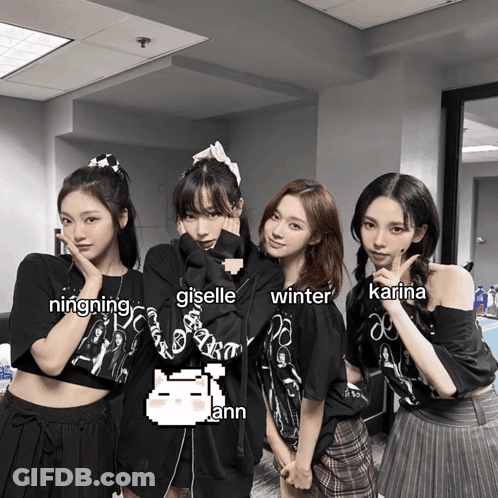 A Group Of Girls Posing For A Picture With The Names Giselle Winter And Karina Written On Them GIF