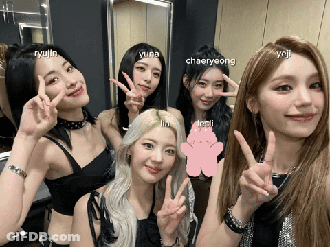 A Group Of Girls Posing For A Picture With The Names Yuna Chaeryeong And Yeji GIF