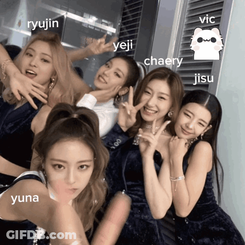 A Group Of Girls Posing For A Picture With The Names Yuna Ryujin Yeji Chaery Jisu And Vic GIF