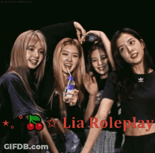 A Group Of Girls Standing Next To Each Other With The Words Lia Roleplay In Red Letters GIF