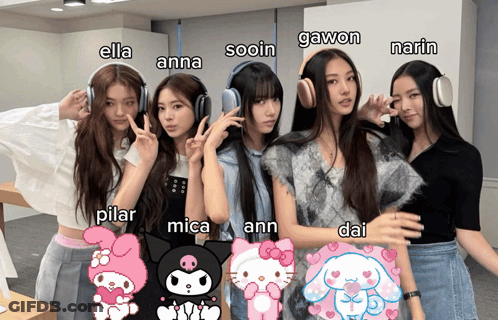 A Group Of Girls Wearing Headphones With The Names Ella Anna Sooin Gawon Narn And Mica GIF