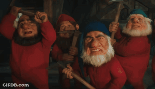A Group Of Gnomes In Red Jumpsuits Are Holding Axes GIF