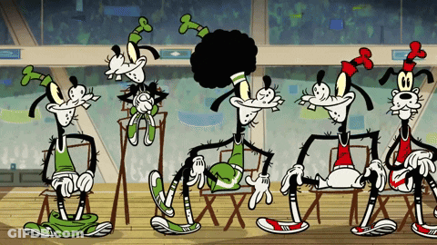 A Group Of Goofy Cartoon Characters Are Sitting In A Row GIF