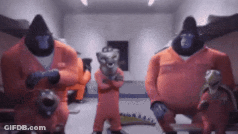 A Group Of Gorillas In Orange Jumpsuits Are Holding Guns GIF