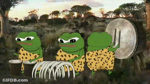 A Group Of Green Frogs Are Playing Drums In A Field . GIF