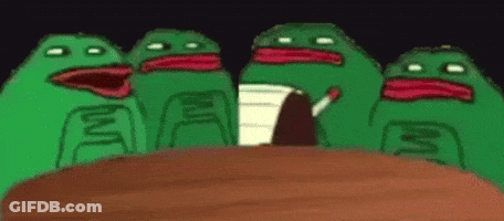 A Group Of Green Frogs Are Sitting Around A Table With A Man Smoking A Cigarette . GIF