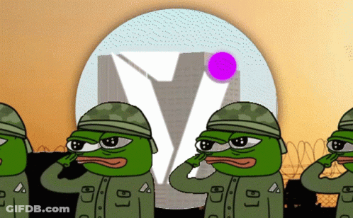 A Group Of Green Frogs In Military Uniforms Salute In Front Of A Building With The Letter Y On It GIF