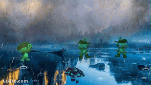 A Group Of Green Frogs Standing In The Rain GIF