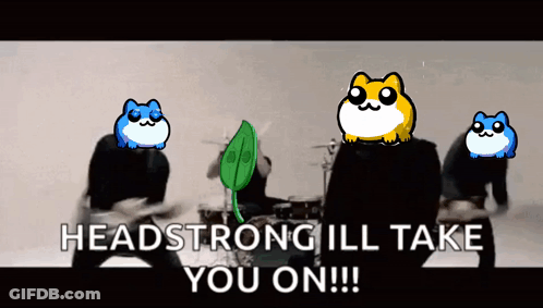 A Group Of Hamsters Are Playing Drums In A Video That Says Headstrong Ill Take You On !!! GIF