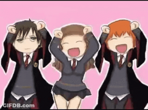 A Group Of Harry Potter Characters Are Standing Next To Each Other With Their Hands In The Air . GIF