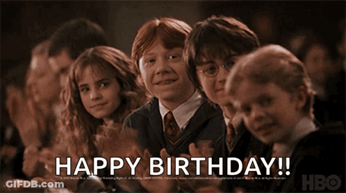 A Group Of Harry Potter Characters With The Words Happy Birthday On The Bottom GIF
