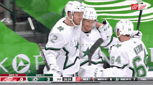 A Group Of Hockey Players Are Celebrating A Goal In Front Of A Scoreboard That Says Kop GIF