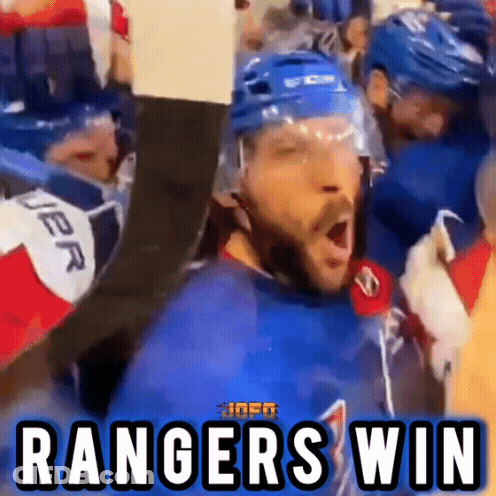 A Group Of Hockey Players Are Celebrating With The Words Rangers Win GIF