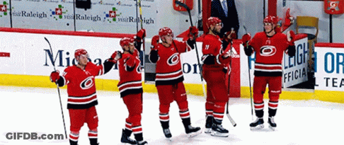 A Group Of Hockey Players Are Standing On The Ice In Front Of An Ad For Raleigh GIF