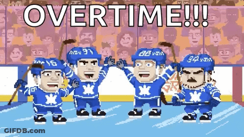 A Group Of Hockey Players Are Standing On The Ice With The Words Overtime Written In The Background GIF