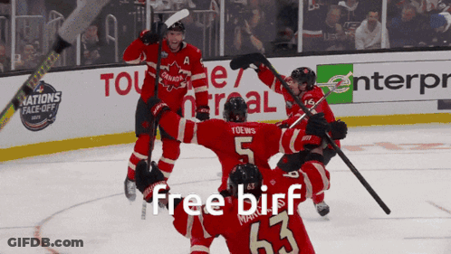 A Group Of Hockey Players Celebrate A Goal With The Words Free Birf On The Bottom Right GIF