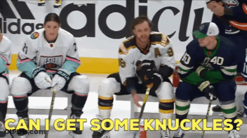 A Group Of Hockey Players Sitting On The Ice With The Words Can I Get Some Knuckles Written On The Bottom GIF