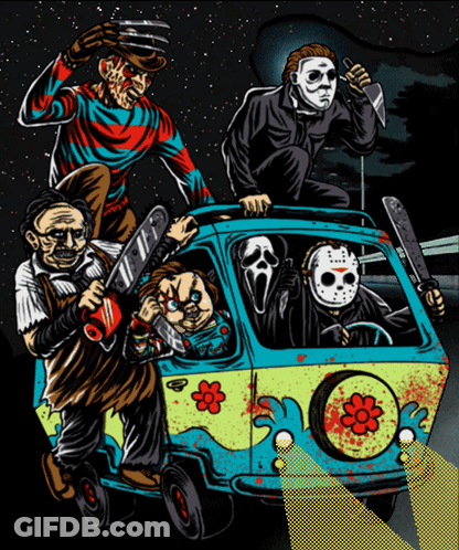 A Group Of Horror Characters Are Riding In A Van GIF