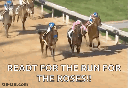 A Group Of Horses Are Racing On A Dirt Track And The Text Reads `` Ready For The Run For The Roses '' . GIF