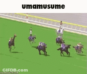 A Group Of Horses Are Racing On A Track And The Word Umamusume Is On The Bottom Of The Image . GIF