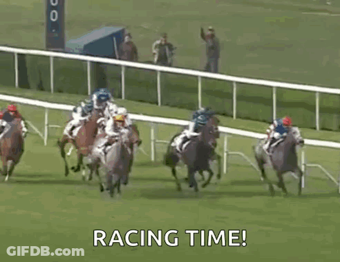 A Group Of Horses Are Racing On A Track With The Words Racing Time Written On The Bottom GIF