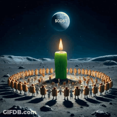 A Group Of Hot Dogs Are Standing Around A Green Candle With A $ Cost Written Above Them GIF