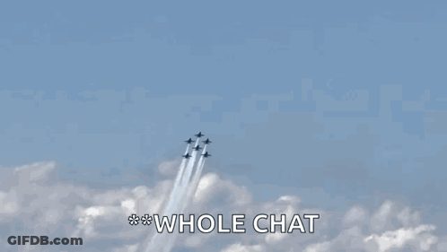 A Group Of Jets Are Flying Through A Blue Sky With Smoke Trails And The Words Whole Chat Below Them GIF