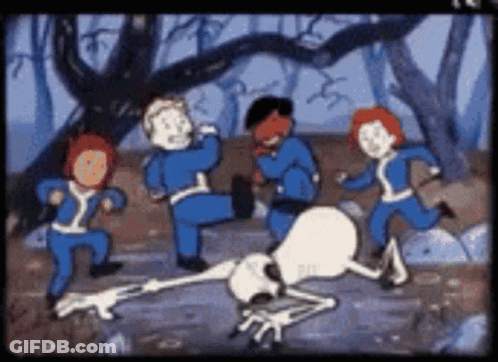 A Group Of Kids Are Running Around A Skeleton In A Video Game GIF
