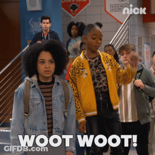 A Group Of Kids Are Standing In A Hallway With The Words Woot Woot Written On The Bottom GIF