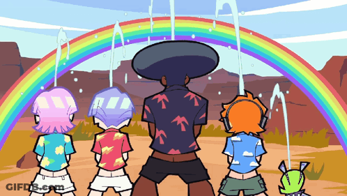 A Group Of Kids Standing In Front Of A Rainbow GIF