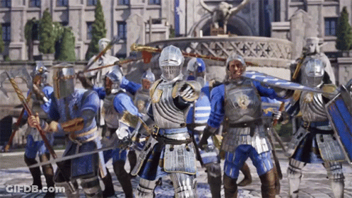 A Group Of Knights In Armor Holding Swords And Shields In Front Of A Building GIF