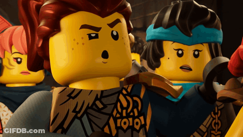 A Group Of Lego Characters Are Standing Together And One Of Them Has A Blue Headband That Says ' 0101 ' On It GIF