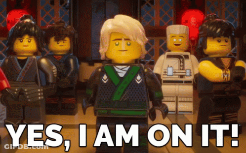 A Group Of Lego Figures Standing Next To Each Other With The Words " Yes I Am On It " Above Them GIF